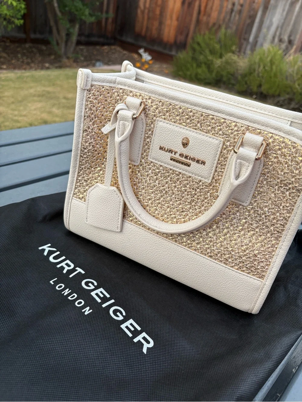 Kurt Geiger Cream and Gold Raffia Satchel
